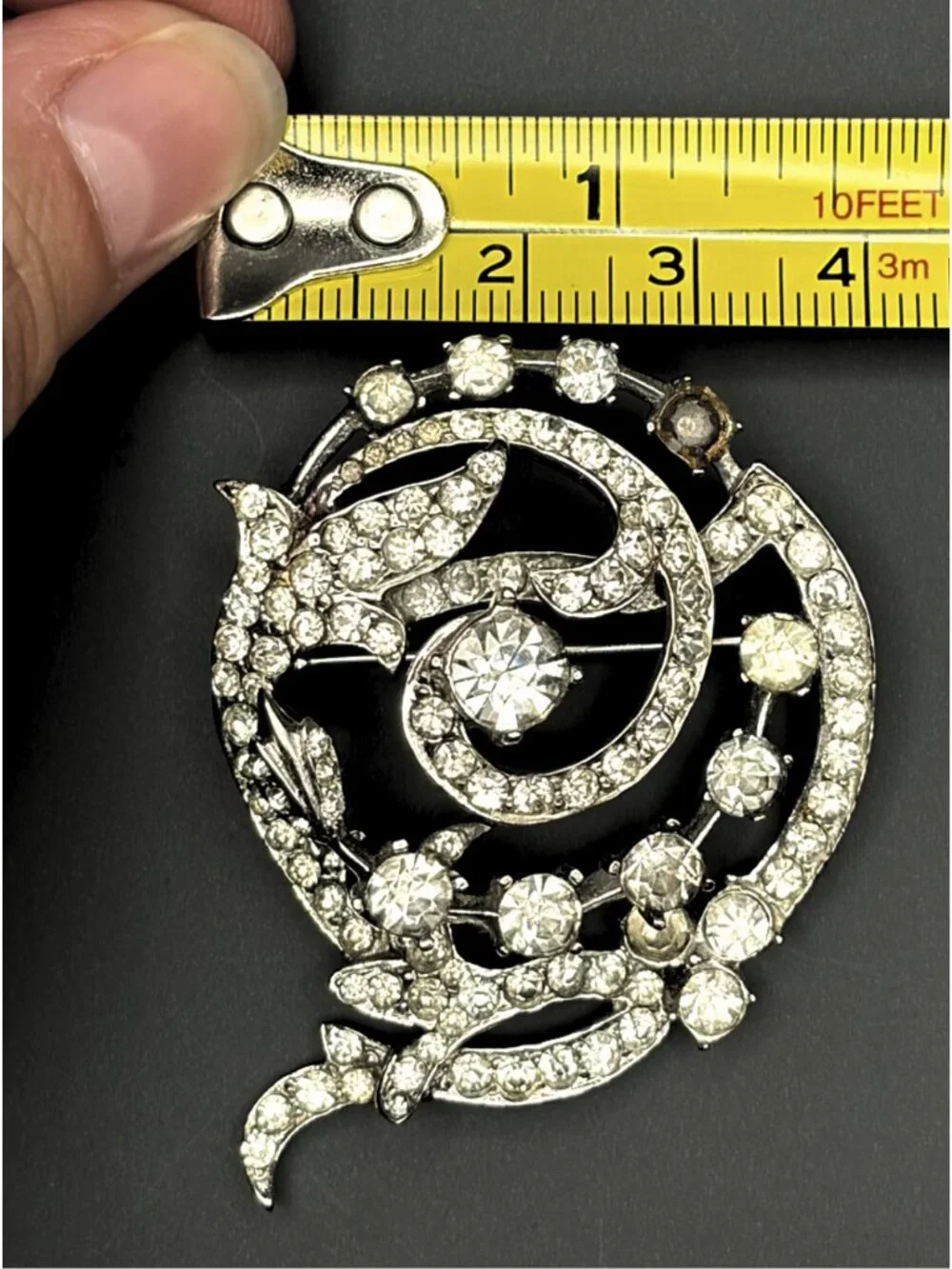 Vintage Crystal Rhinestone Brooch Pin Silver Tone Statement Swirl Jewelry